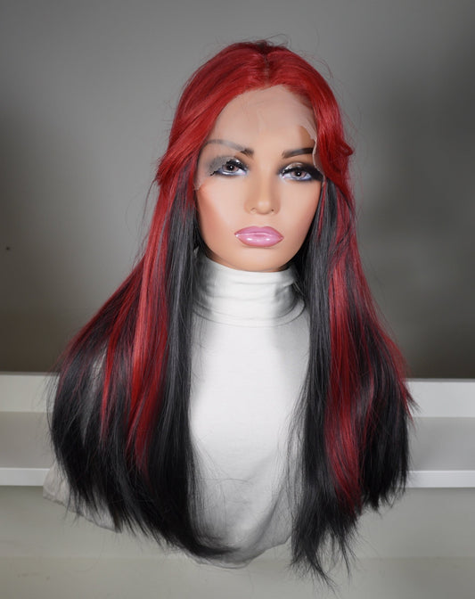 Red and black T lace wig. Lace front and parting. Has fringe
