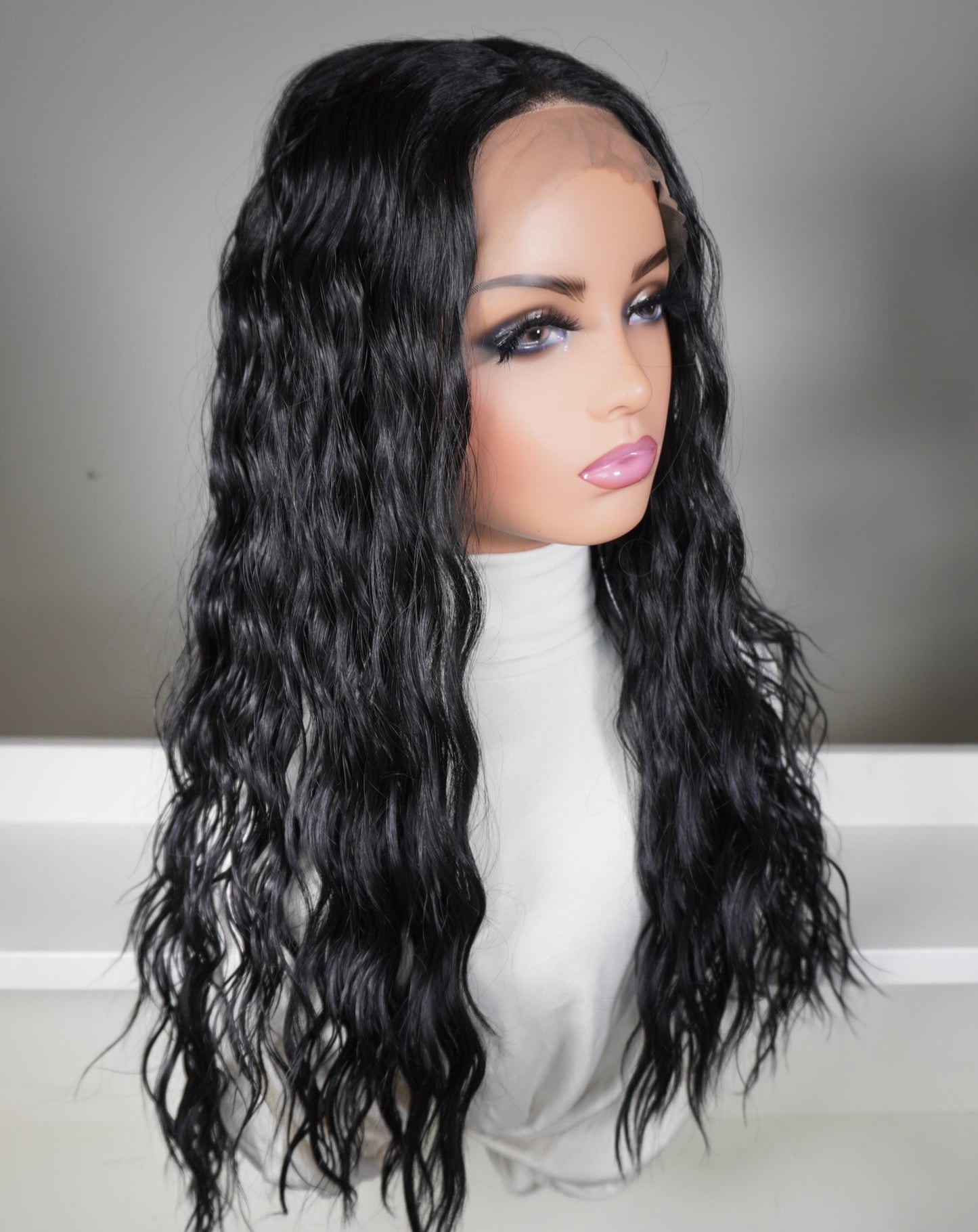 Natural Black Curly Wet Look Synthetic T Lace Wig Selena