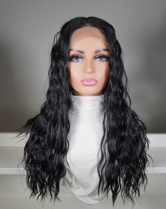 Naturlig svart krøllete Wet Look Syntetisk T Lace Parykk Selena