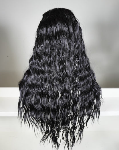 Natural Black Curly Wet Look Synthetic T Lace Wig Selena